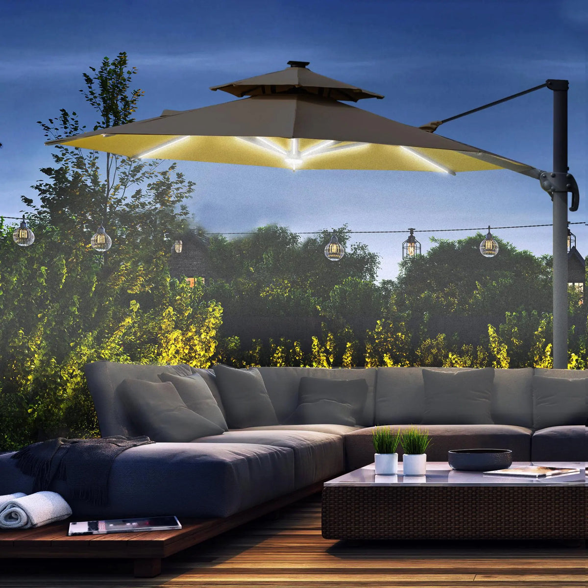 Cantilever Roma Parasol with LED Solar Lights, Crank & Tilt, Aluminium Frame. Londecor