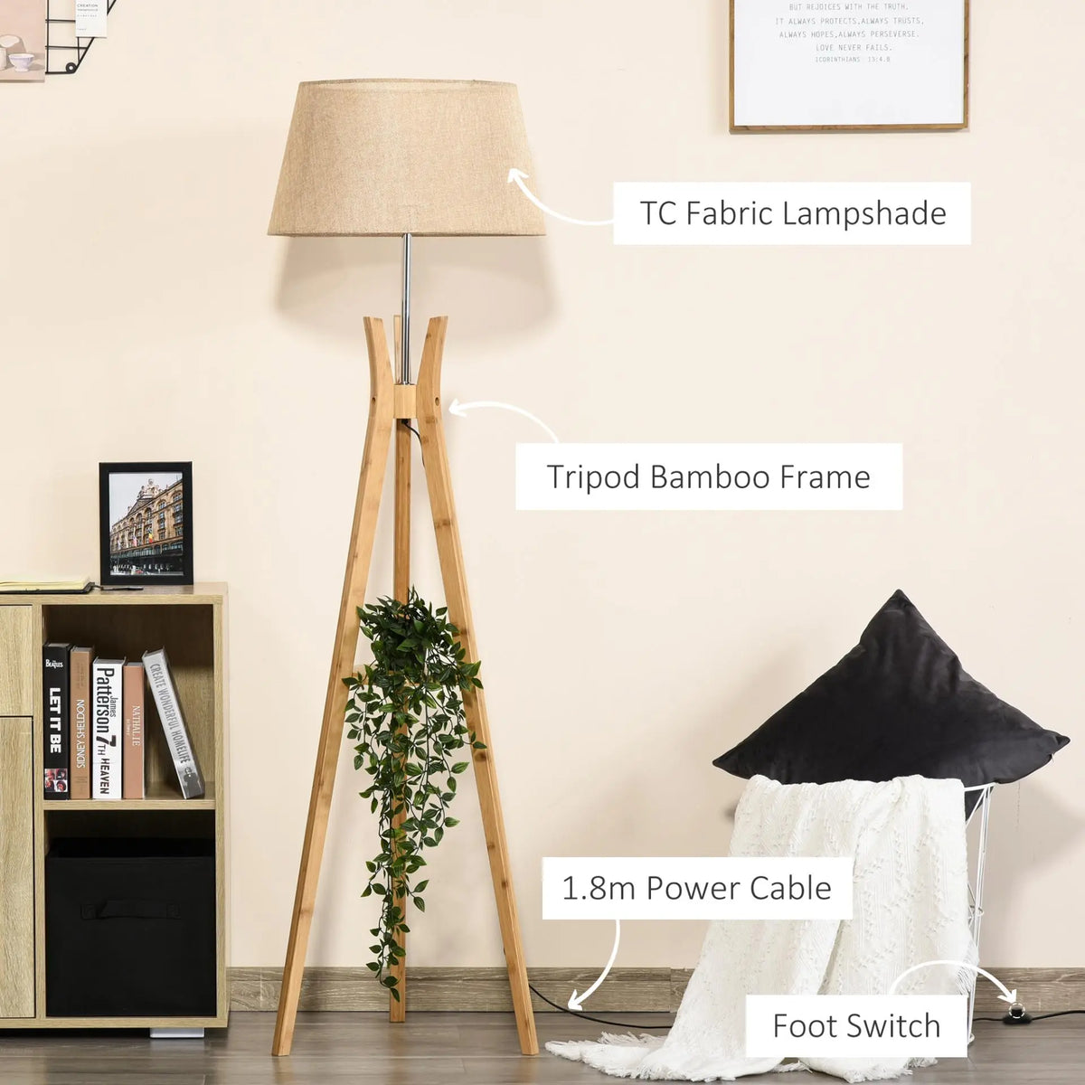 Natural Wood Tripod Floor Lamp Londecor