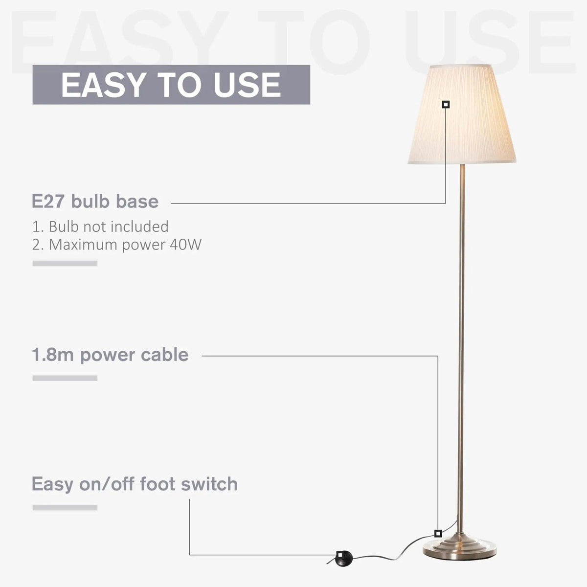 Steel Floor Lamp with Pleated Fabric Floor Switch. - Londecor
