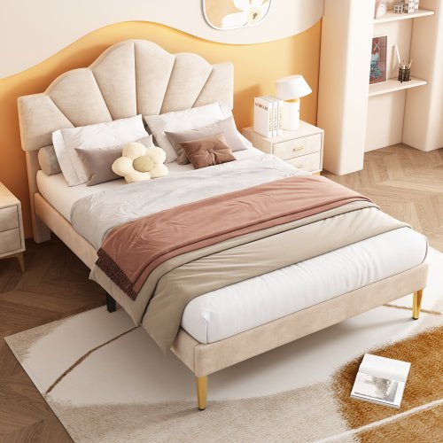 Shell Design Velvet Bed - Double Bed, Beige