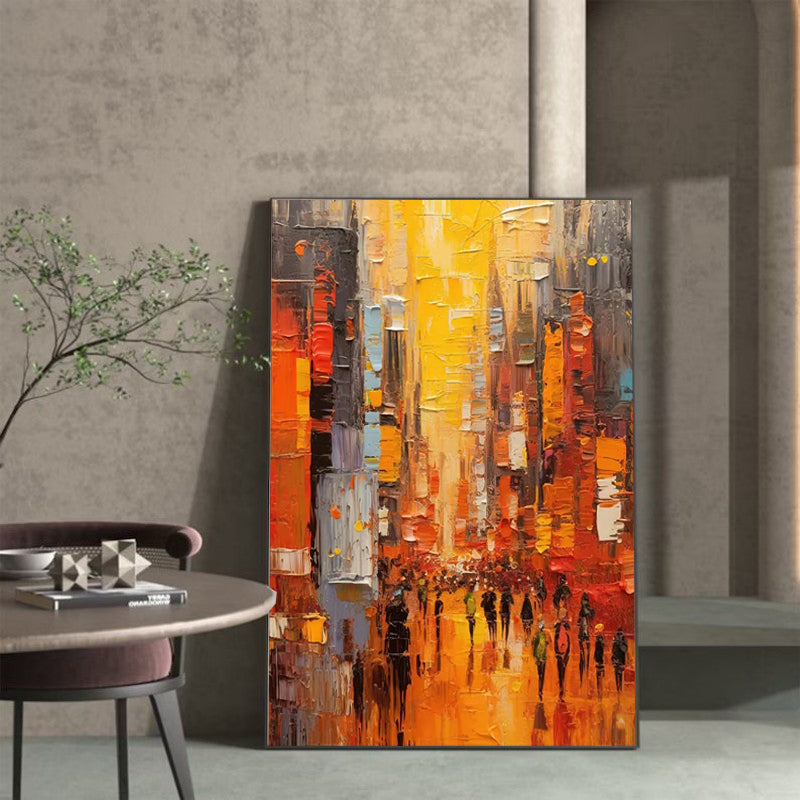 Large Modern Cityscape Wall Art – Hand-Painted Acrylic Abstract Painting for Living Room & Bedroom