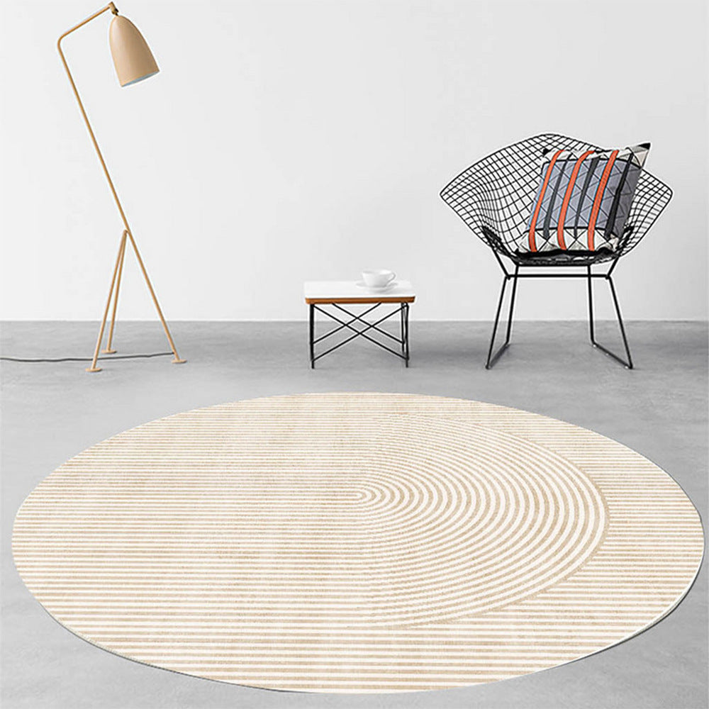 Modern Light Luxury Round Carpet with geometric abstraction pattern in a minimalistic room setting, made of 100% polyester fiber, 120cm diameter.