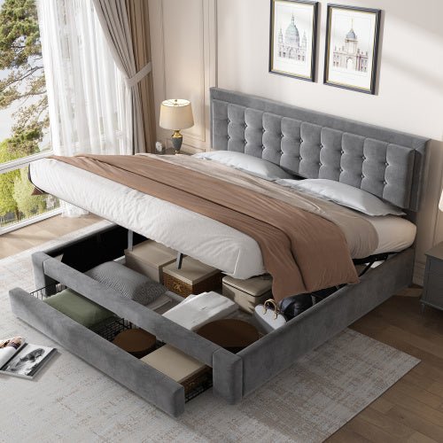 Grey Velvet Super King Ottoman Storage Bed - With Headboard
