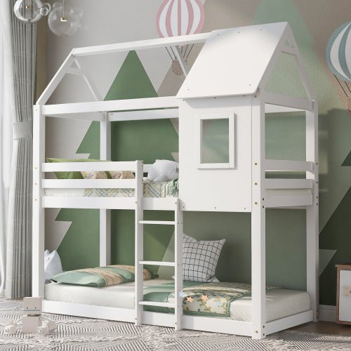White Solid Pine Kids Bunk Bed with Ladder & Guardrails - 3FT Single