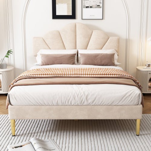 Shell Design Velvet Bed - Double Bed, Beige