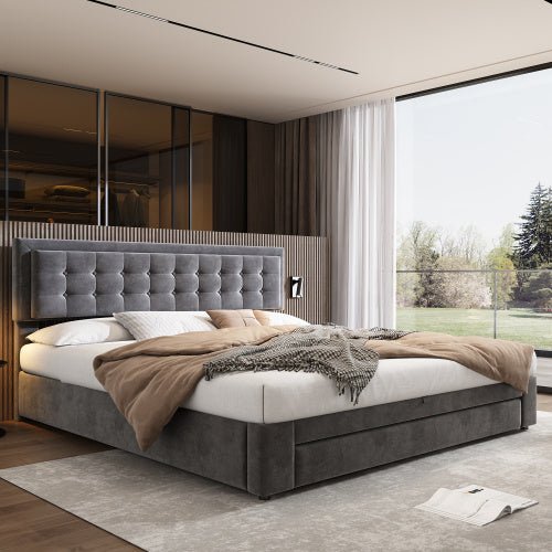 Grey Velvet Super King Ottoman Storage Bed - With Headboard