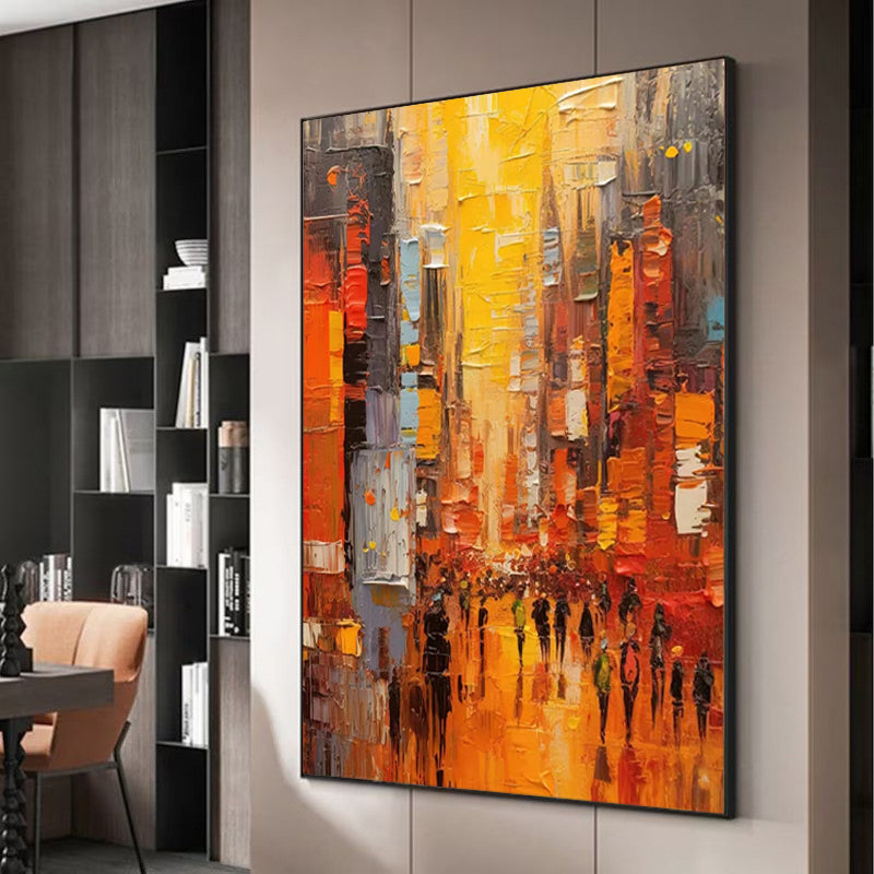 Large Modern Cityscape Wall Art – Hand-Painted Acrylic Abstract Painting for Living Room & Bedroom