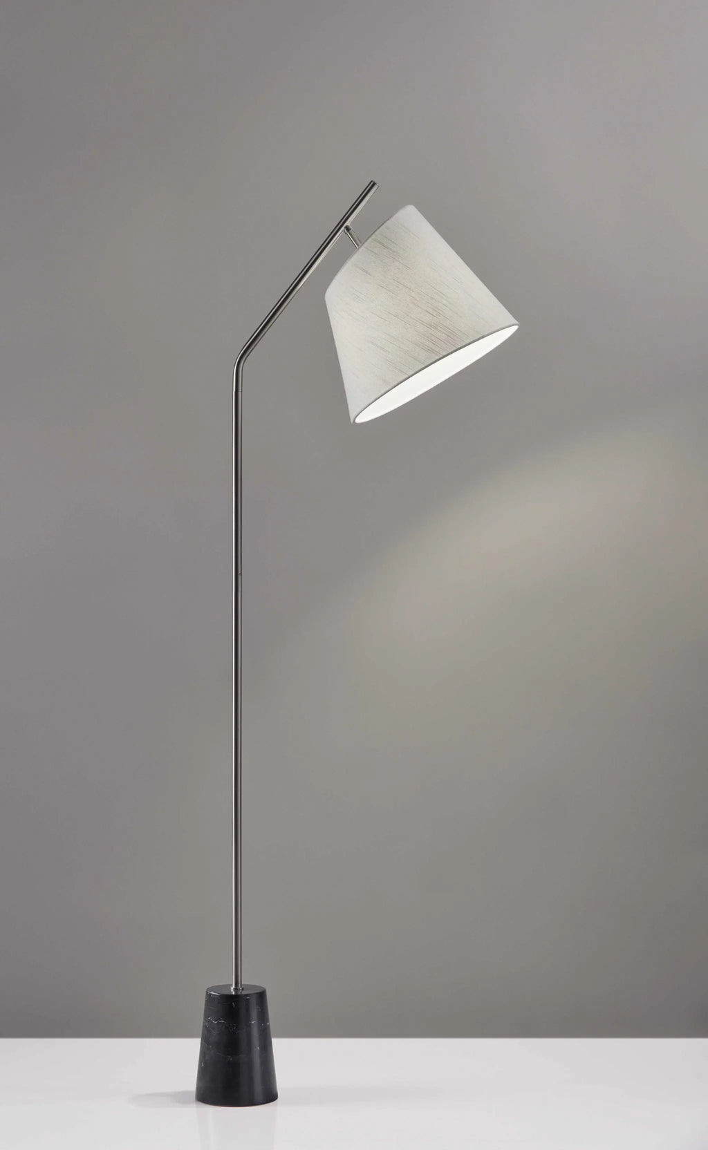 Brushed Steel Floor Lamp Black Marble Block Base and Angled White Linen Shade-0
