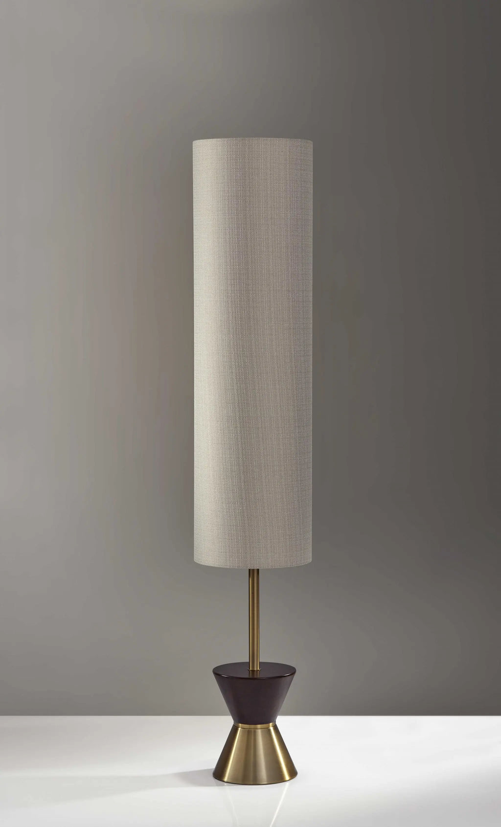 59" Brass and Wood Textured Cylinder Beige Floor Lamp-1